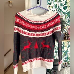 Loft Women's Red & Black Fair Isle Reindeer Sweater